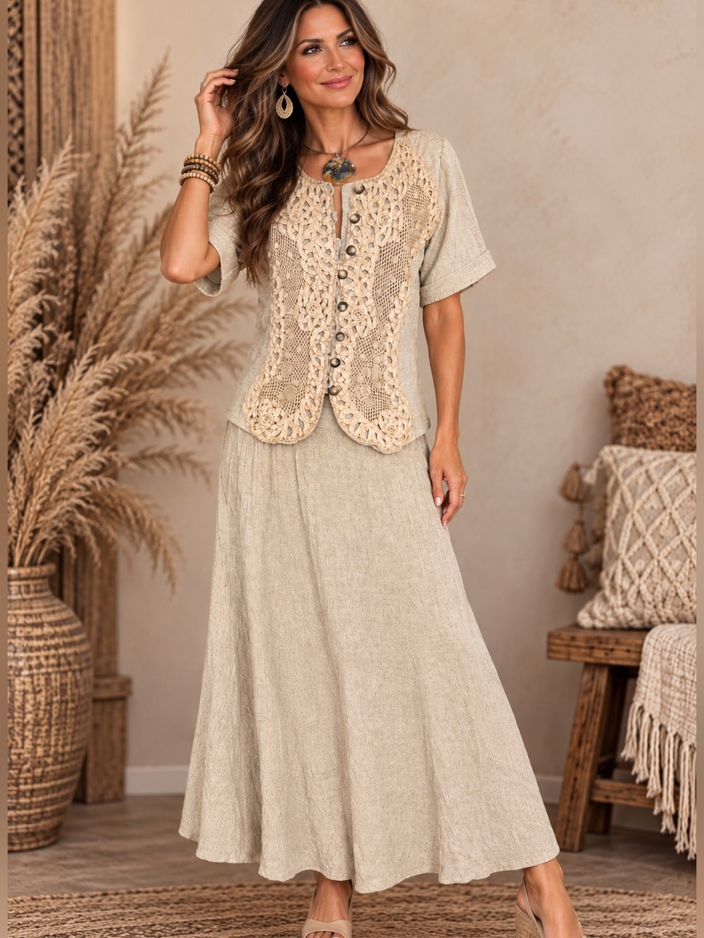 Vintage Neutral Crochet-Detail Maxi Skirt & Top